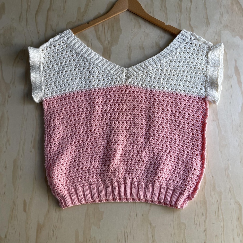 Vintage Sweater Womens Medium‎ Pink White Colorblock V Neck Cap Sleeve Open Knit